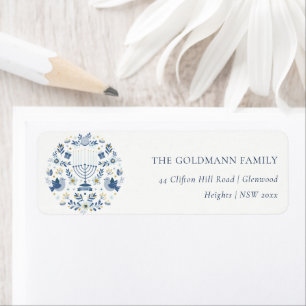 Elegant Classy Navy Blue Hanukkah Blommigt Adress Returadress Etikett