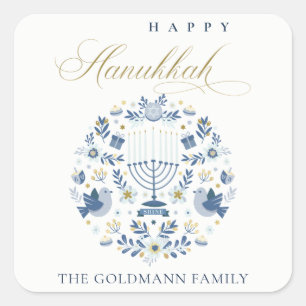 Elegant Classy Navy Blue Lycklig Hanukkah Blommigt Fyrkantigt Klistermärke