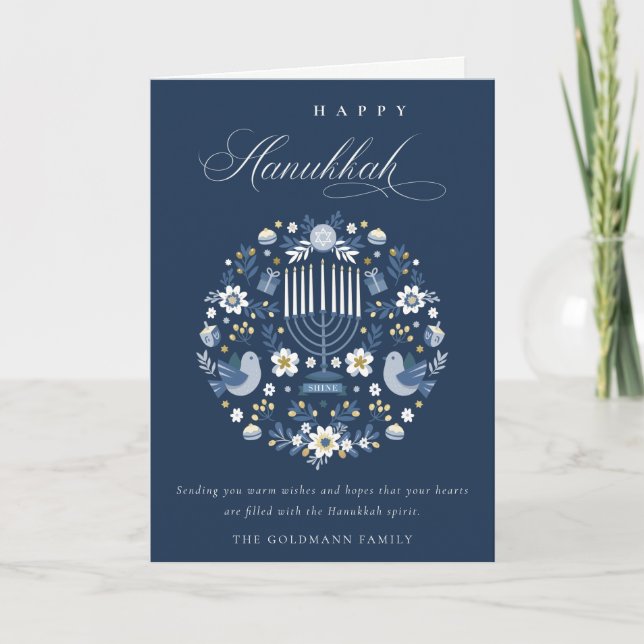 Elegant Classy Navy Blue Lycklig Hanukkah Blommigt Helgkort (Framsida)