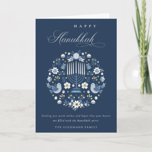 Elegant Classy Navy Blue Lycklig Hanukkah Blommigt Helgkort