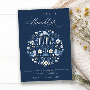 Elegant Classy Navy Blue Lycklig Hanukkah Blommigt Julkort