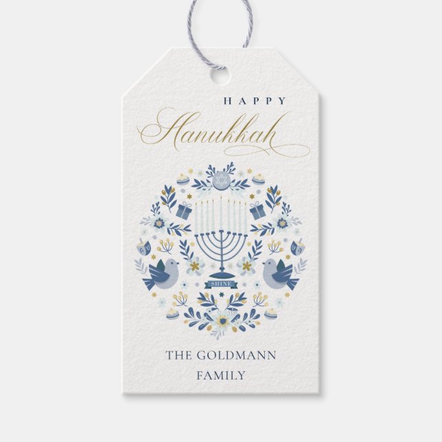 Elegant Classy Navy Blue Lycklig Hanukkah Blommigt Presentetikett (Framsidan)