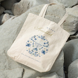 Elegant Classy Navy Blue Lycklig Hanukkah Blommigt Tygkasse