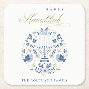 Elegant Classy Navy Blue Lycklig Hanukkah Blommigt Underlägg Papper Kvadrat
