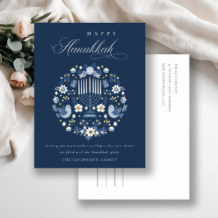 Elegant Classy Navy Blue Lycklig Hanukkah Blommigt Vykort
