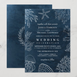 Elegant Classy Navy Coral Beach Wedding Inbjudningar