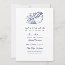 Elegant Classy Navy Seashell Beach Wedding Photo Spara Datumet