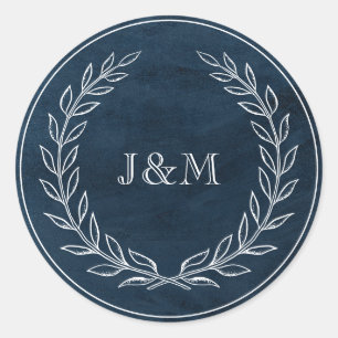 Elegant Classy Navy Watercolor Bröllop Monogram Runt Klistermärke