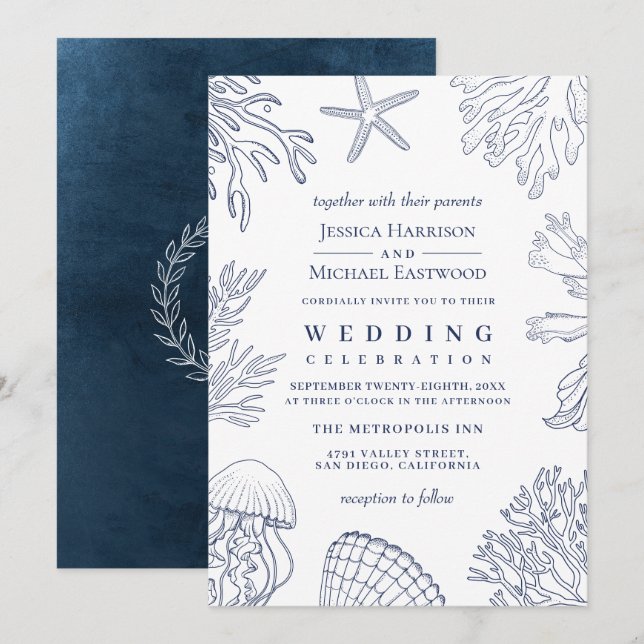 Elegant Classy Navy White Coral Beach Wedding Inbjudningar (Fram/baksida)