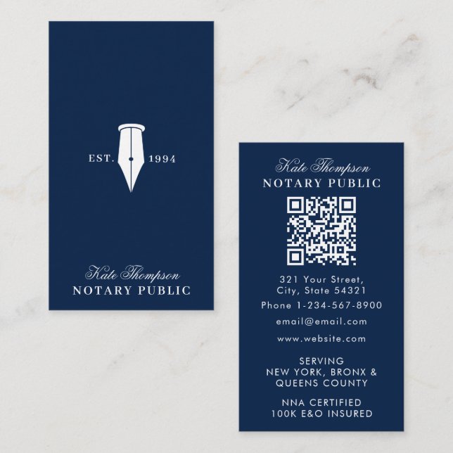 Elegant Classy Notary Signing Agent QR Code Blue Visitkort (Fram/baksida)