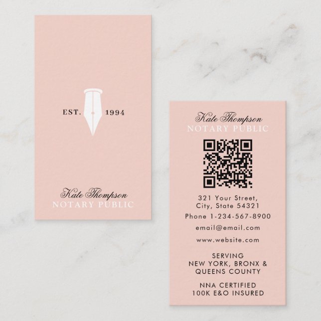 Elegant Classy Notary Signing Agent QR Code Pink Visitkort (Fram/baksida)