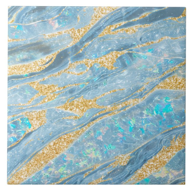 Elegant Classy Opal Marble Blue Guld Glitter Kakelplatta (Framsidan)