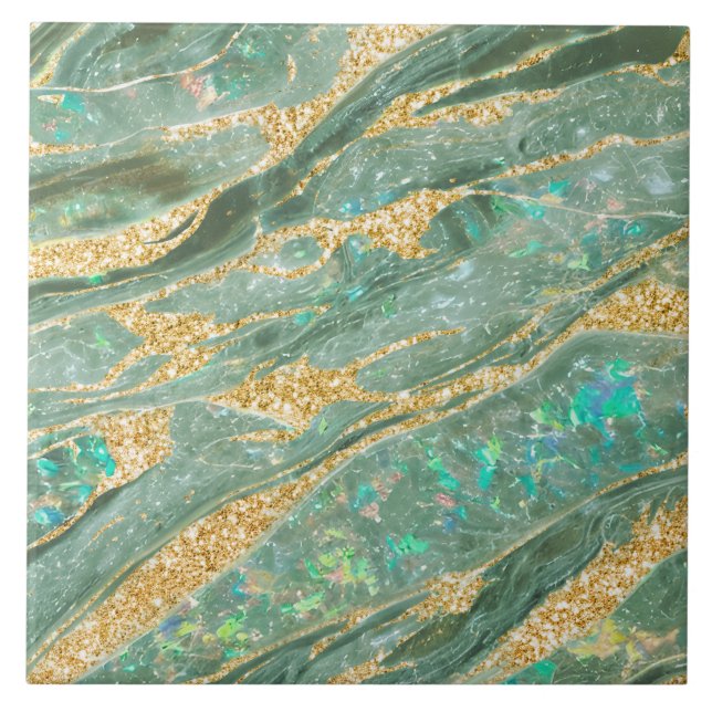 Elegant Classy Opal Marble Jade Grönt Guld Glitter Kakelplatta (Framsidan)