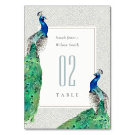 Elegant Classy Ornate Watercolor Peacock Bröllop Bordsnummer