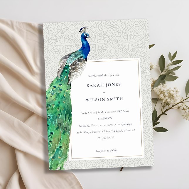 Elegant Classy Ornate Watercolor Peacock Bröllop Inbjudningar (Skapare uppladdad)