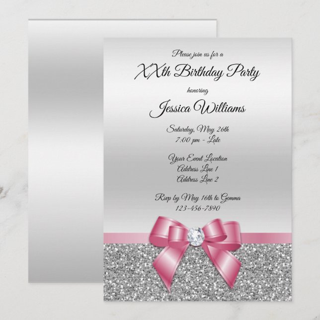 Elegant Classy Rosa Bow & Silver Glitter Birthday Inbjudningar (Fram/baksida)