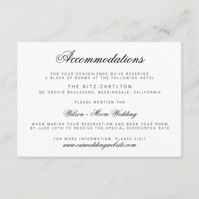 Elegant Classy Script Bröllop Ackommodation Card Tilläggskort (Framsida)