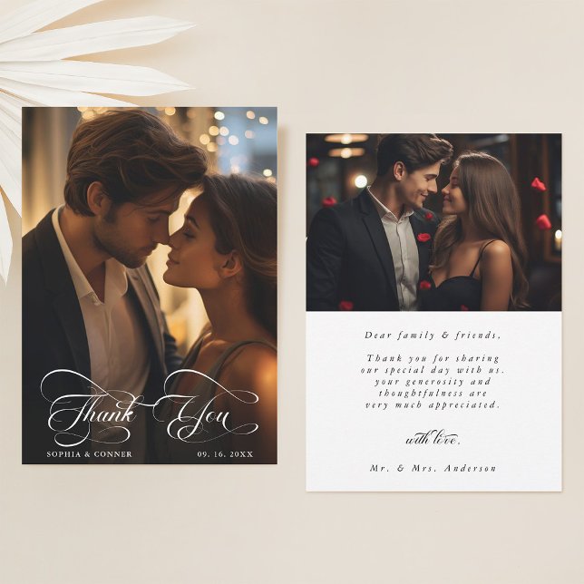 Elegant Classy-skript Bröllop 2-foto Tack Kort (Front & Back)