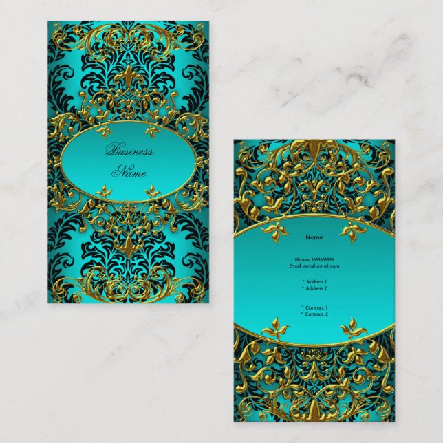 Elegant Classy Teal Blue Guld Damask Blommigt Visitkort (Fram/baksida)
