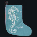 Elegant Coastal Beach Sea Horse Monogram Liten Julstrumpa<br><div class="desc">Elegantens blå och vita strandhus stil. Vit färgad sjöhäst med monogrammad namn. Blå bakgrund med halvtonsutseende.</div>