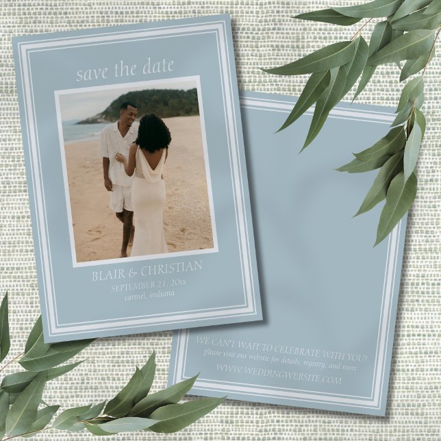 Elegant Coastal Blue Modern Wedding Photo Spara Datumet (Invite guests to save the date for your coastal wedding day with this Coastal Blue Modern Card!)