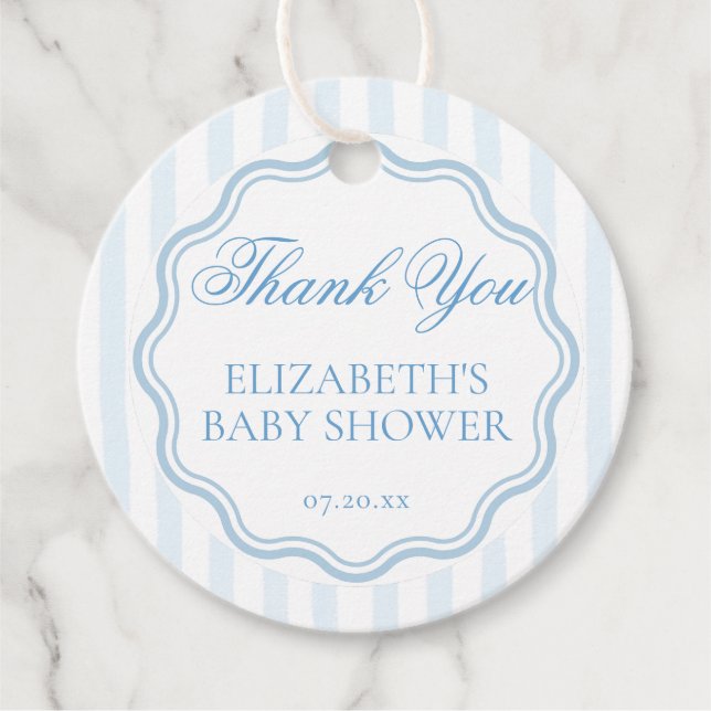 Elegant Coastal Blue Stripe Wavy Script Thank You Gåvor Etiketter (Framsida)