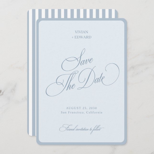 Elegant Coastal Blue Stripes Border Retro Wedding Spara Datumet (Fram/baksida)