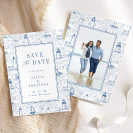 Elegant Coastal Blue Toile Wedding Photo Spara Datumet