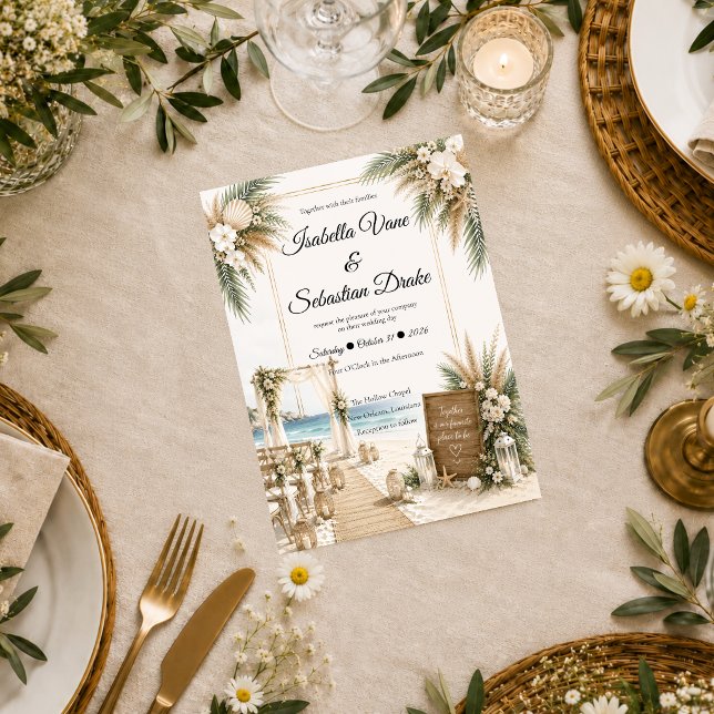 Elegant Coastal Boho Romantisk Bröllop Inbjudningar (Skapare uppladdad)