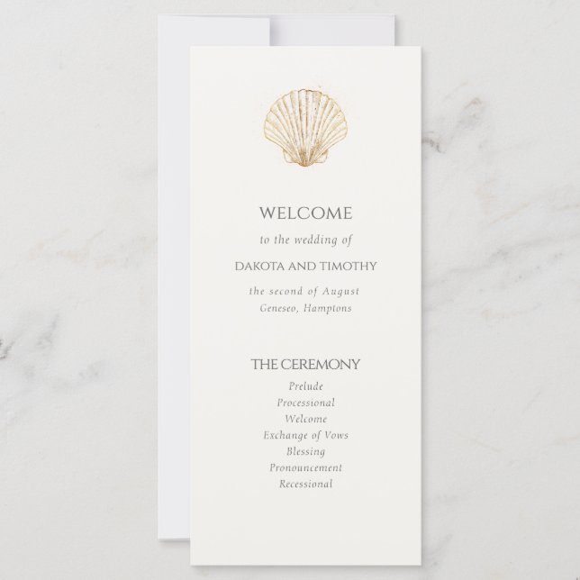 Elegant Coastal gold Seashell Wedding Program (Framsida)