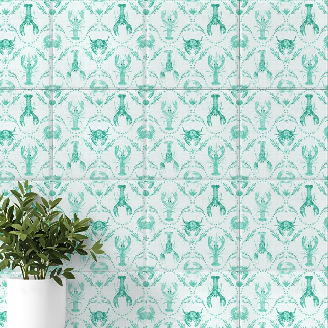 Elegant Coastal Lobster and Crabs in Mint Green Kakelplatta (Elegant Coastal Lobster and Crabs in Mint Green Ceramic Tile)