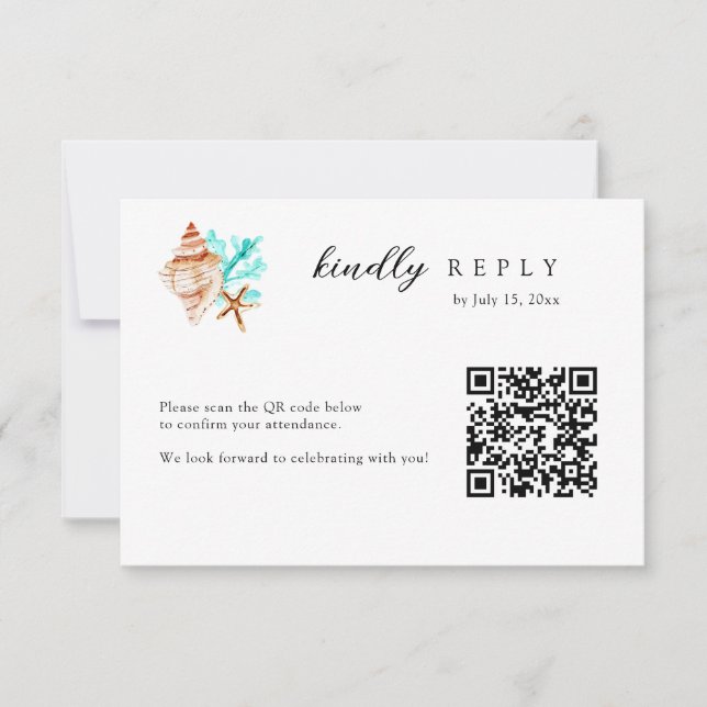 Elegant Coastal Seashell QR Code Beach Wedding OSA Kort (Framsida)