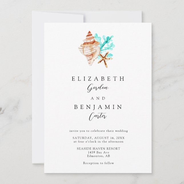 Elegant Coastal Seashell Watercolor Beach Wedding Inbjudningar (Framsida)
