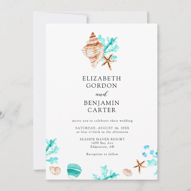 Elegant Coastal Seashell Watercolor Beach Wedding Inbjudningar (Framsida)