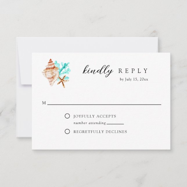 Elegant Coastal Seashell Watercolor Beach Wedding OSA Kort (Framsida)