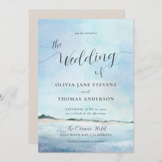 Elegant Coastal Watercolor Elopement Beach Wedding Inbjudningar (Fram/baksida)