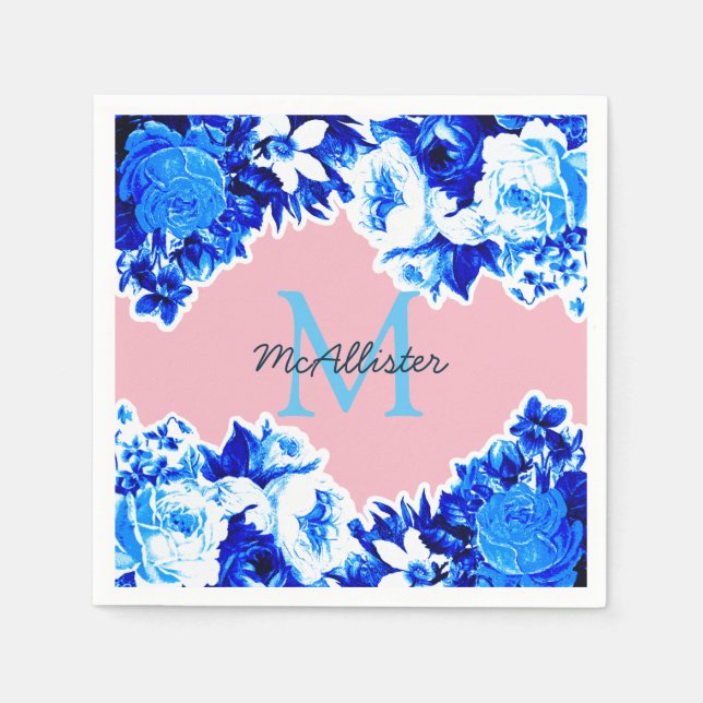 Elegant Cobalt Blåa blommor &  | PERSONLIG Pappersservett (Framsidan)