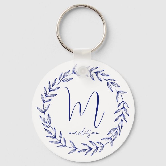 Elegant Cobalt Blue Personlig Monogram Keychain Nyckelring (Framsida)