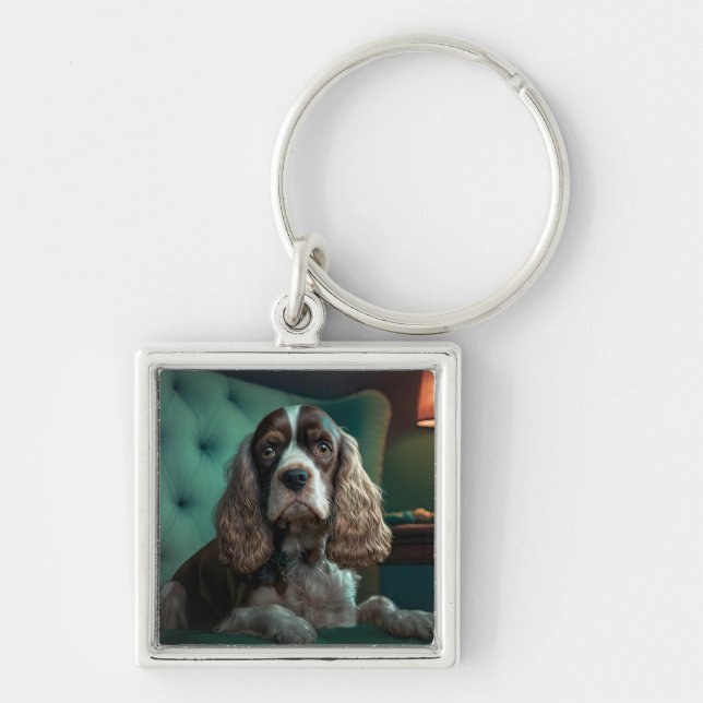 Elegant Cocker Spaniel Klassisk Porträttdesign Fyrkantig Silverfärgad Nyckelring (Framsidan)
