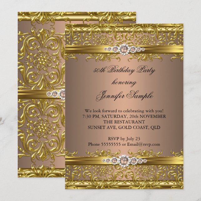 Elegant Coffee Brown Guld Damask Diamond Birthday Inbjudningar (Fram/baksida)
