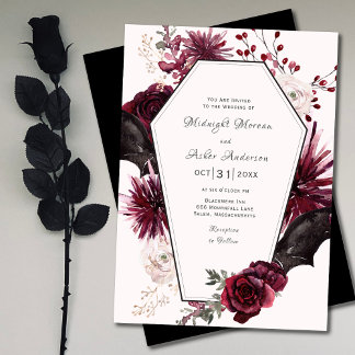 Elegant Coffin Blommigt Gothic Halloween Bröllop Inbjudningar