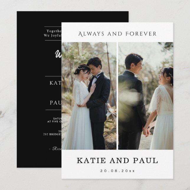 Elegant Collage 2 Photo Modern Black Chic Wedding  Inbjudningar (Fram/baksida)