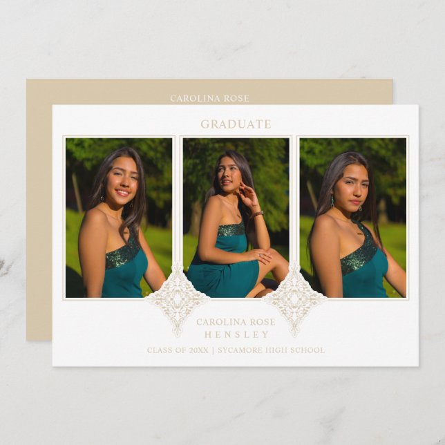 Elegant Collage Lace Romantic 3 Photos Graduation Inbjudningar (Fram/baksida)