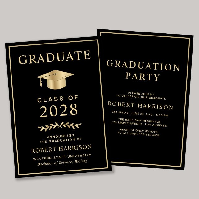 Elegant College Black Guld Studentfest Inbjudningar (An elegant college graduation party invitation to celebrate the graduate's achievements)