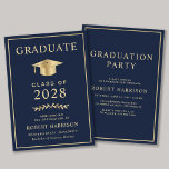 Elegant College Blue Guld Studentfest Inbjudningar<br><div class="desc">mörk blått högskoleexamen i elegant och inbjudan till ett parti med en guld-studentmössa och enkel modern guld-typografi för namn,  klassår,  högskola eller universiteten,  examen och högre eller högre högskoleexamen. På motsatt sida lägger du till informationen om studenten.</div>