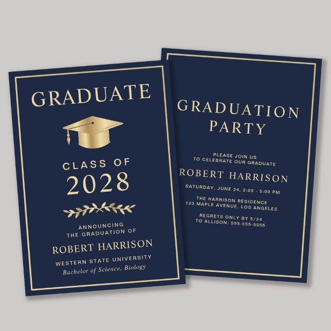 Elegant College Blue Guld Studentfest Inbjudningar (An elegant college graduation party invitation to celebrate the graduate's achievements)