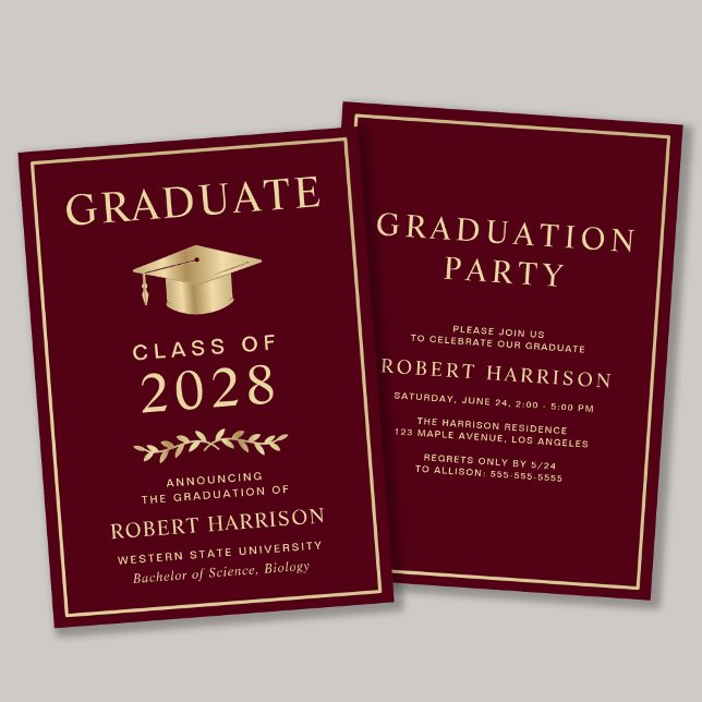 Elegant College Burgundy Guld Studentfest Inbjudningar (An elegant college graduation party invitation to celebrate the graduate's achievements)