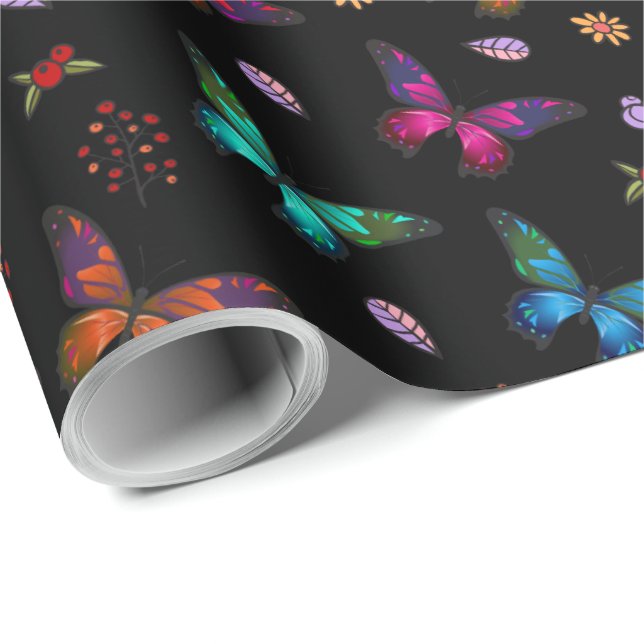 Elegant Colorful Butterflies on Black Presentpapper (Rullad Hörn)