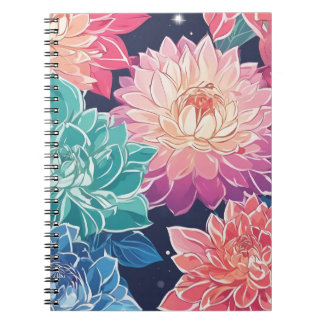 Elegant Colorful Dahlia Flowers on Mörk Background Anteckningsbok