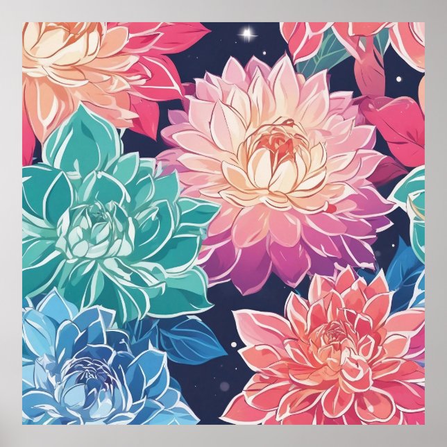 Elegant Colorful Dahlia Flowers on Mörk Background Poster (Framsidan)